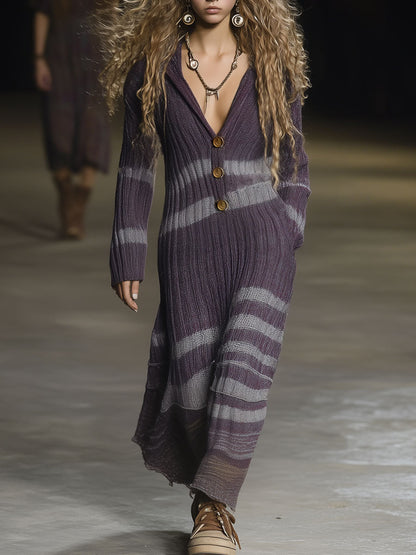 Retro Casual Grape Purple Woolen Ribbed Hooded Maxi Dress