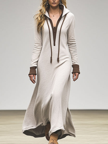 Casual Fashion Sports Light Gray Long-Sleeved Color-Blocked Hooded Maxi Dress