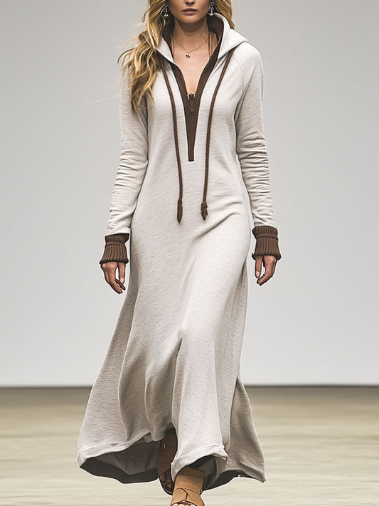 Casual Fashion Sports Light Gray Long-Sleeved Color-Blocked Hooded Maxi Dress
