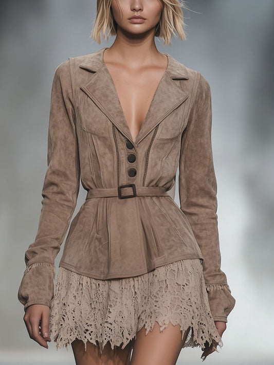 Retro Fashion Light Brown Faux Suede Stitching Lace Waist Long-Sleeved Mini Dress