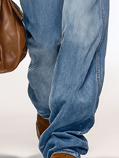 Casual And Fashionable Blue Washed Loose Jeans