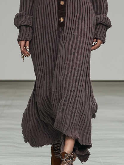 Casual And Fashionable Purple Woolen Striped Loose Maxi Dress