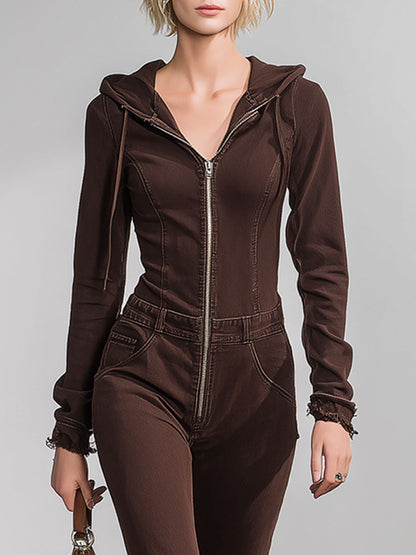 Western Retro Hooded Cocoa Brown Denim Flared Raw-Edge Long-Sleeved Jumpsuit