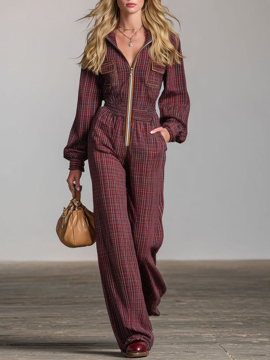 Retro Long-Sleeved Purple Plaid Elastic Waist Wide-Leg Jumpsuit