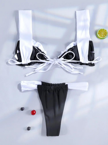 Contrast Tie-Front Triangle Bikini Set
