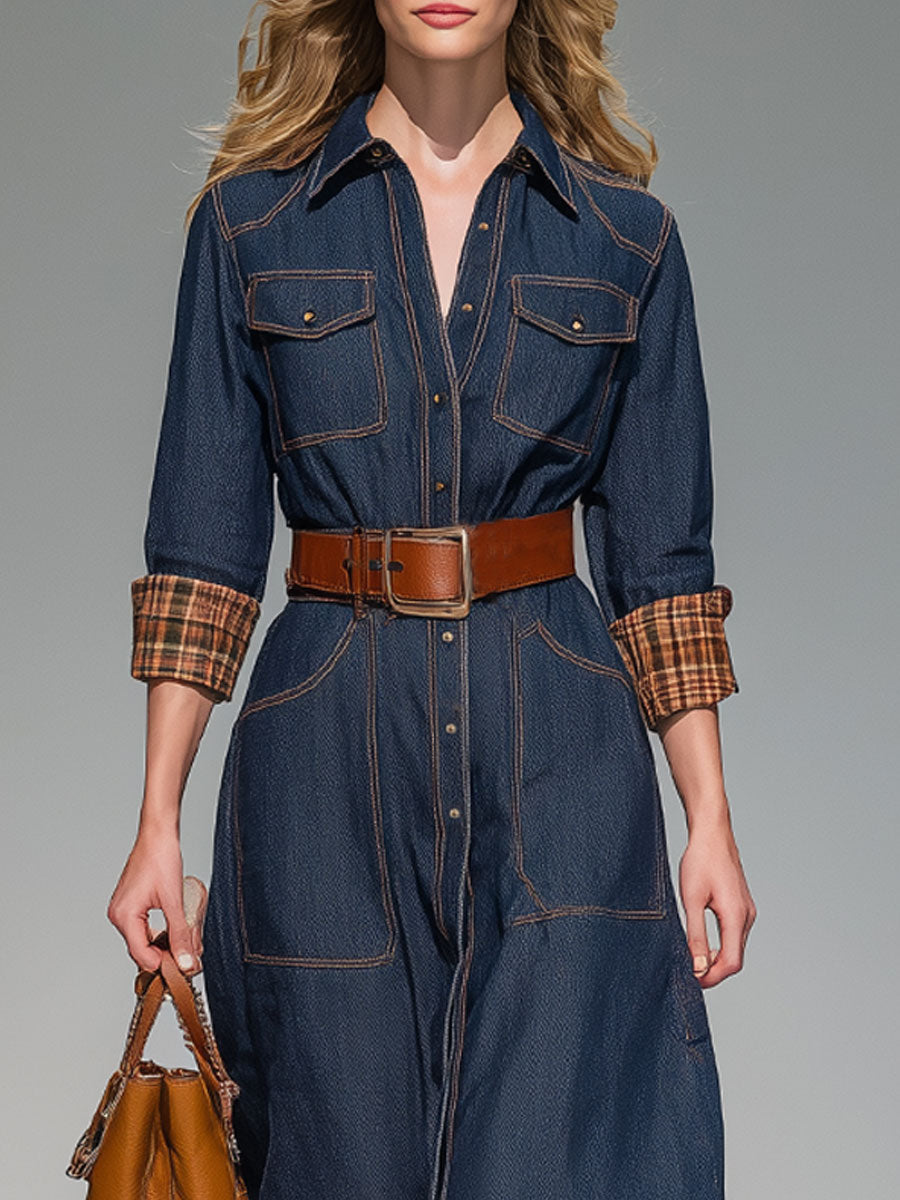 Vintage Long-Sleeved Plaid Patchwork Dark Blue Denim Midi Dress