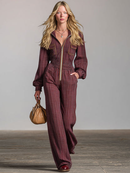 Retro Long-Sleeved Purple Plaid Elastic Waist Wide-Leg Jumpsuit