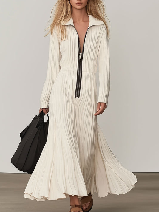 Fashionable And Casual White Knitted Lapel Long-Sleeved Maxi Dress