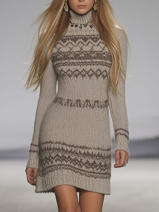 Retro Fashion Light Grey Fair Isle Pattern Turtleneck Ribbed Long Sleeve Mini Dress