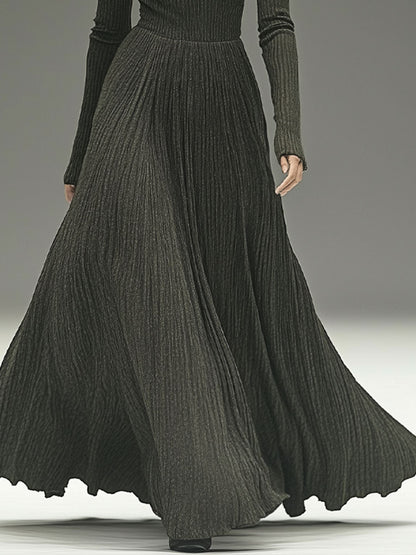 Fashionable And Elegant Gray-Green High-Neck Ribbed Woolen Maxi Dress