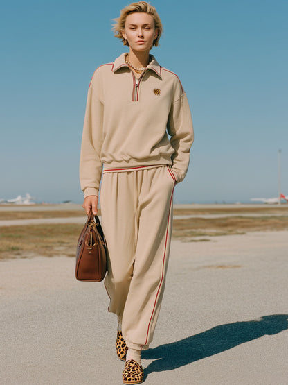 Vintage Long Sleeve Striped Trim Khaki Henley Sweatshirt Pants Set