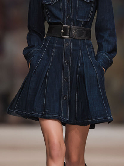 Vintage Dark Blue Washed Denim Lapel Waisted Long-Sleeved Mini Dress