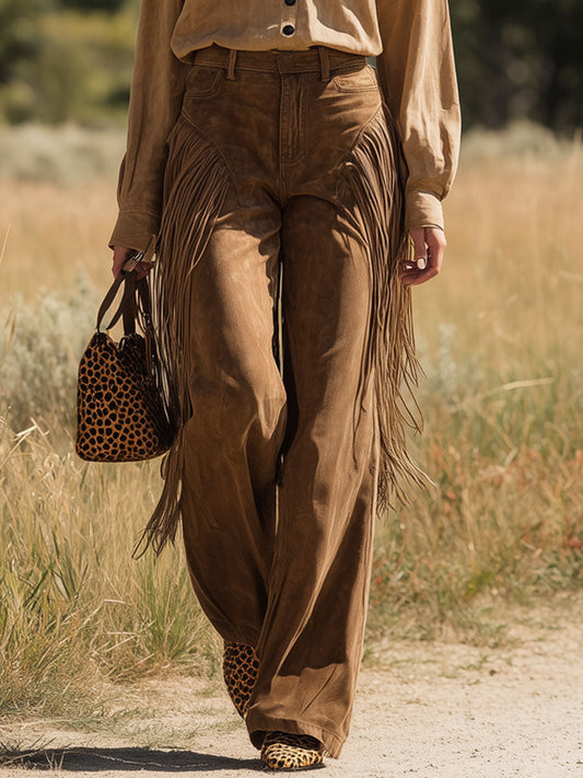 Western Vintage Tassel Camel Wide-Leg Jeans