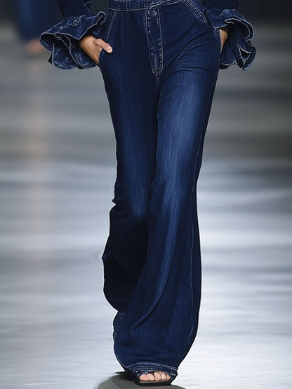 Fashion Retro Dark Blue Washed Denim Ruffled Long-Sleeved Jumpsuit