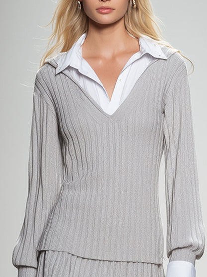 Fashionable And Casual Light Gray Knitted Striped Patchwork Shirt Collar Long-Sleeved Mini Skirt Suit