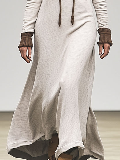 Casual Fashion Sports Light Gray Long-Sleeved Color-Blocked Hooded Maxi Dress