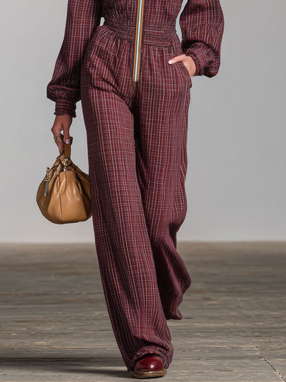 Retro Long-Sleeved Purple Plaid Elastic Waist Wide-Leg Jumpsuit