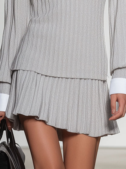 Fashionable And Casual Light Gray Knitted Striped Patchwork Shirt Collar Long-Sleeved Mini Skirt Suit