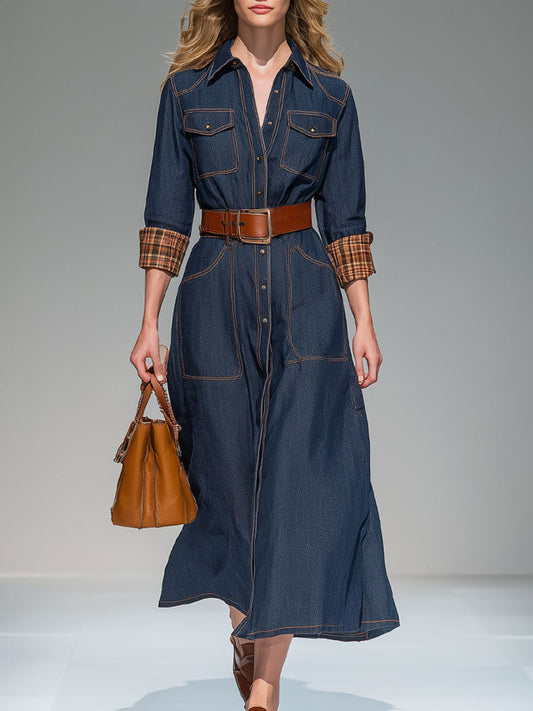 Vintage Long-Sleeved Plaid Patchwork Dark Blue Denim Midi Dress