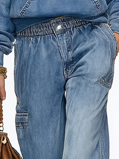 Casual And Fashionable Blue Washed Loose Jeans