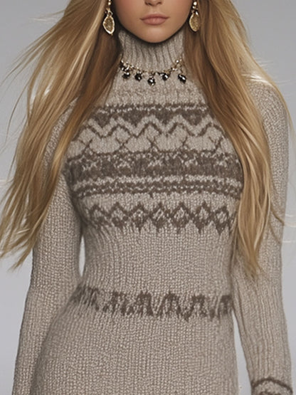 Retro Fashion Light Grey Fair Isle Pattern Turtleneck Ribbed Long Sleeve Mini Dress