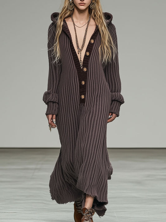 Casual And Fashionable Purple Woolen Striped Loose Maxi Dress