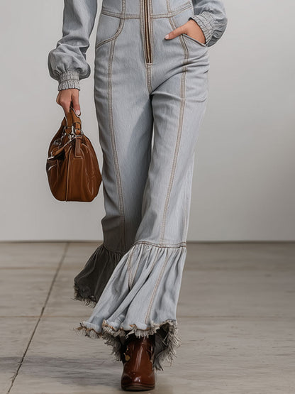 Western Retro Hooded Gray Denim Flared Raw-Edge Long-Sleeved Jumpsuit