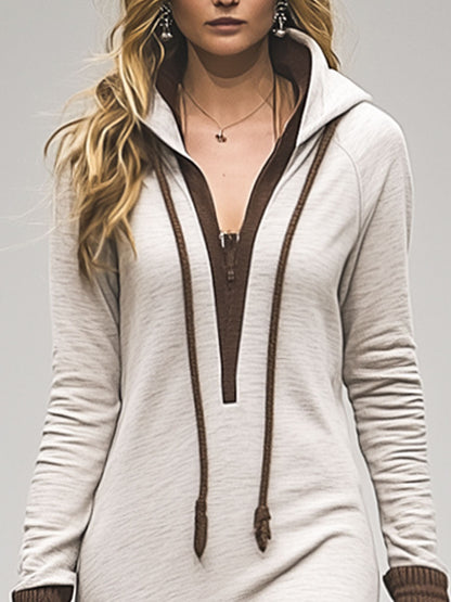 Casual Fashion Sports Light Gray Long-Sleeved Color-Blocked Hooded Maxi Dress