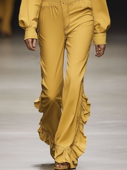 Fashion Retro Naples Yellow Washed Cotton Lapel Jumpsuit