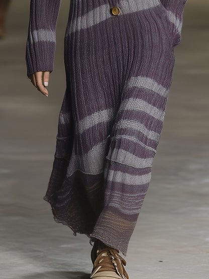 Retro Casual Grape Purple Woolen Ribbed Hooded Maxi Dress
