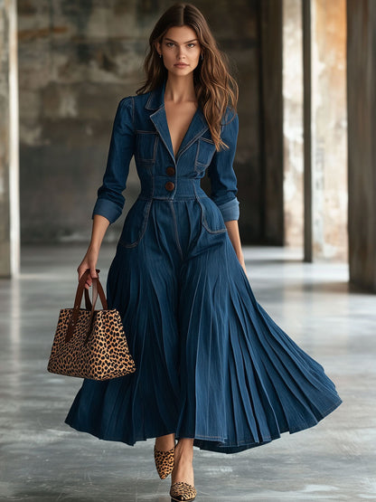 Vintage Long-Sleeved Dark Blue Denim Trench Coat-Style Pleated Maxi Dress