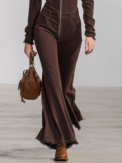 Western Retro Hooded Cocoa Brown Denim Flared Raw-Edge Long-Sleeved Jumpsuit