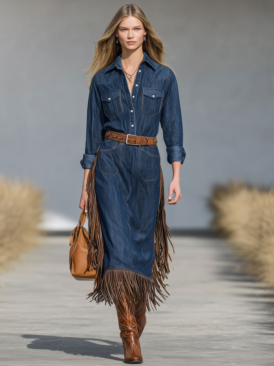Western Retro Tassel Lace-Up Blue Denim Long-Sleeved Midi Dress