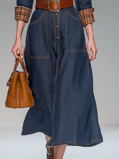 Vintage Long-Sleeved Plaid Patchwork Dark Blue Denim Midi Dress