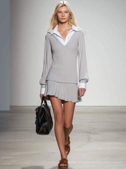 Fashionable And Casual Light Gray Knitted Striped Patchwork Shirt Collar Long-Sleeved Mini Skirt Suit