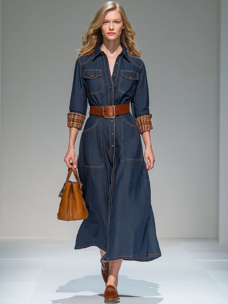 Vintage Long-Sleeved Plaid Patchwork Dark Blue Denim Midi Dress