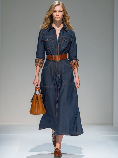 Vintage Long-Sleeved Plaid Patchwork Dark Blue Denim Midi Dress