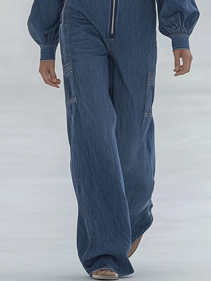 Fashion Street Blue Washed Zipper Lapel Puff Sleeve Jumpsuit
