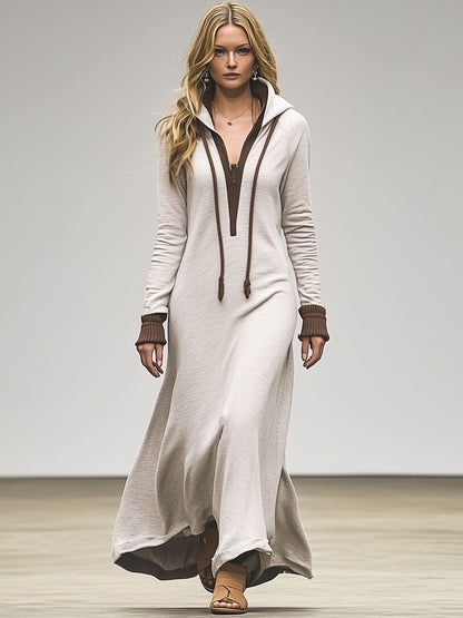 Casual Fashion Sports Light Gray Long-Sleeved Color-Blocked Hooded Maxi Dress