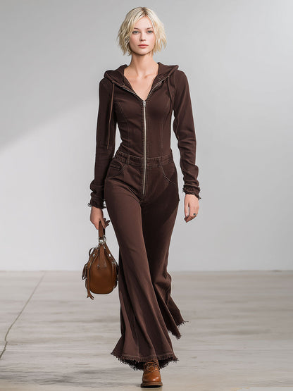 Western Retro Hooded Cocoa Brown Denim Flared Raw-Edge Long-Sleeved Jumpsuit