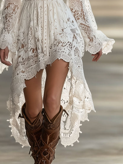 Retro White Lace V-Neck Long Sleeve Short Front And Long Back Skirt Maxi Dress