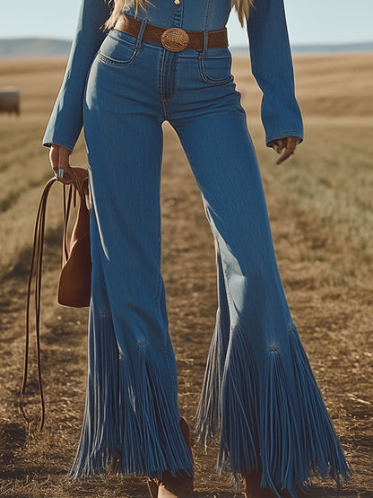 Western Retro Lace-Up Tassel Blue Denim Long-Sleeved Jumpsuit