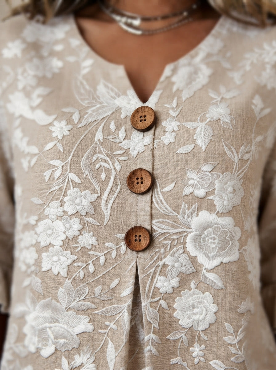 Beige Floral Print Blouse - Wood Button V-Neck Ruffle Sleeve Top