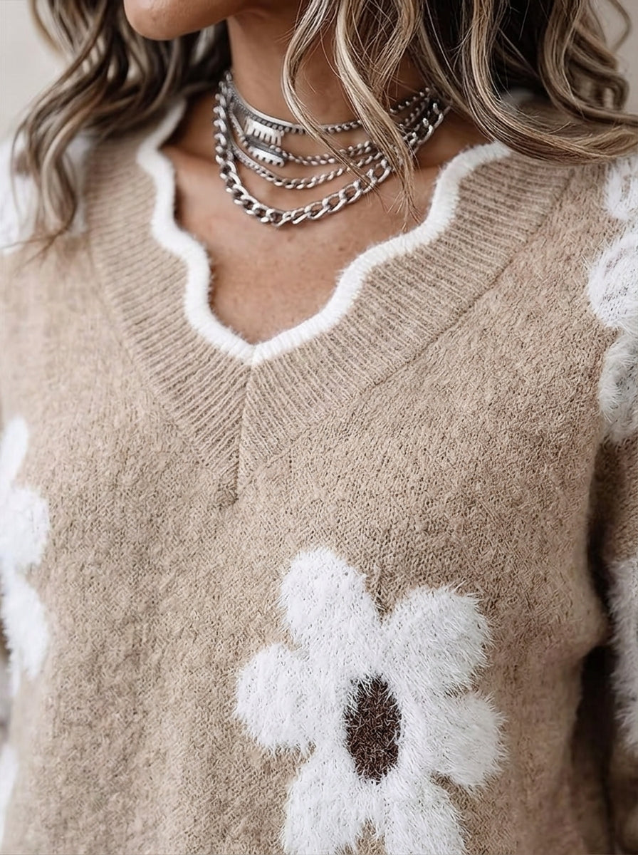 Fuzzy Daisy Print Knit Sweater - Beige Scalloped V-Neck Floral Pullover
