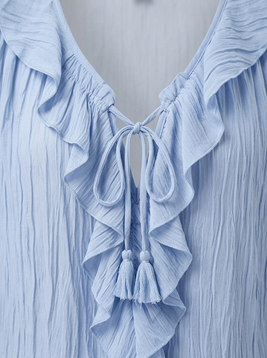 Ruffled Tie-Neck Textured Blouse - Light Blue Bell Sleeve Crinkle Top