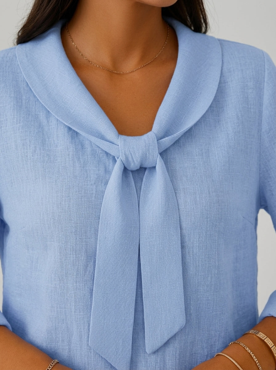 Light Blue Tie-Neck Blouse - Long Sleeve Notched Collar Casual Top