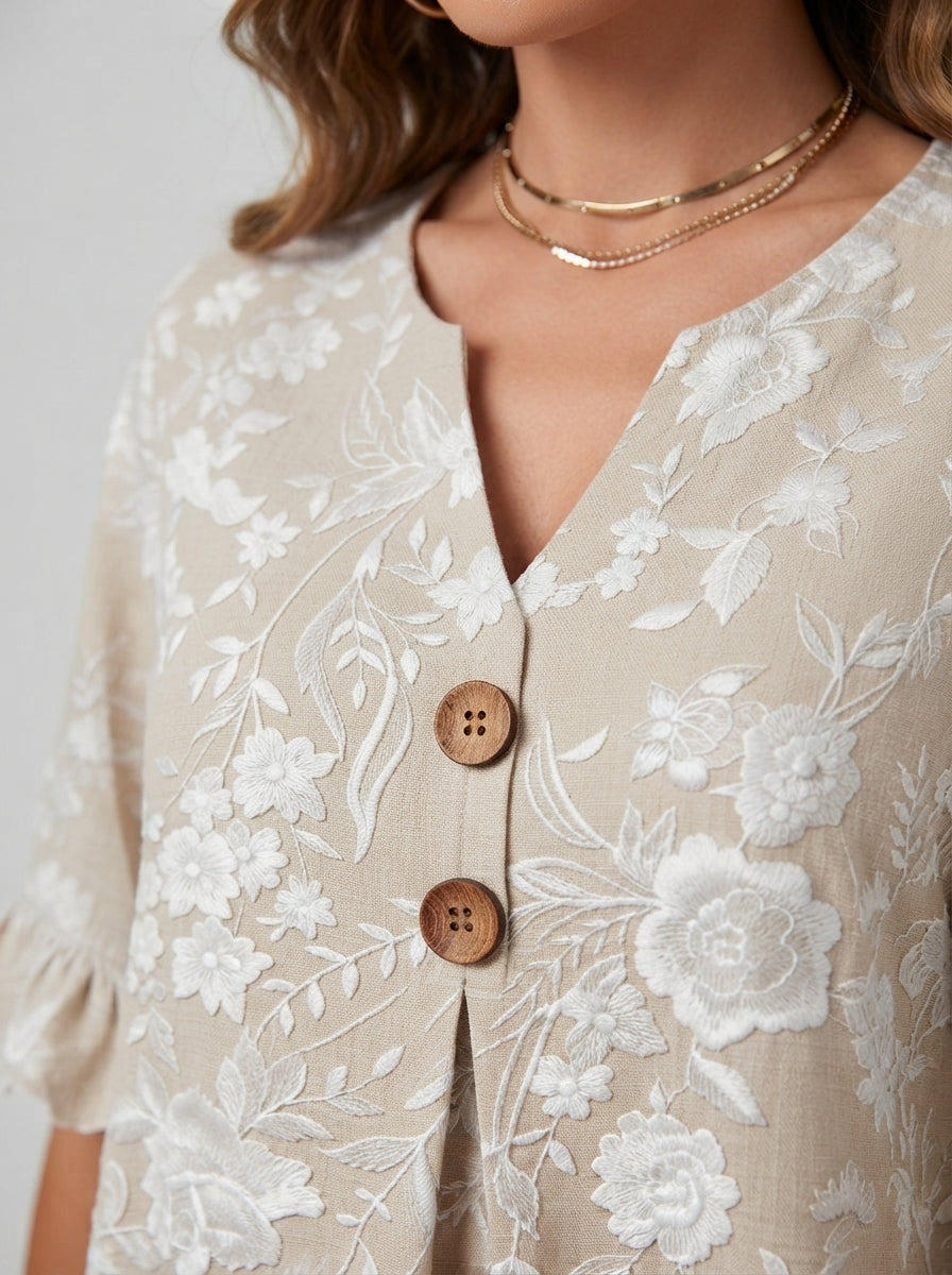Beige Floral Print Blouse - Wood Button V-Neck Ruffle Sleeve Top