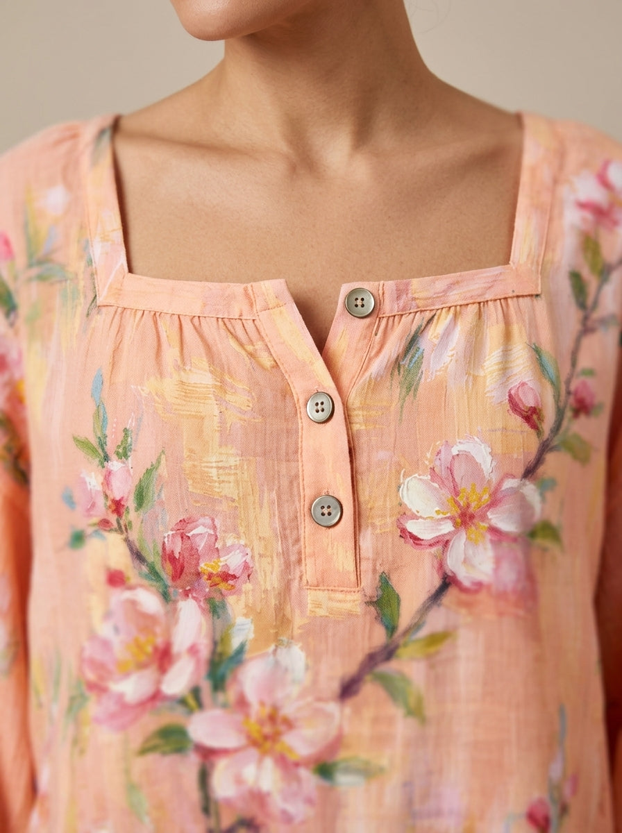 Peach Floral Print Blouse - Square Neck Balloon Sleeve Top