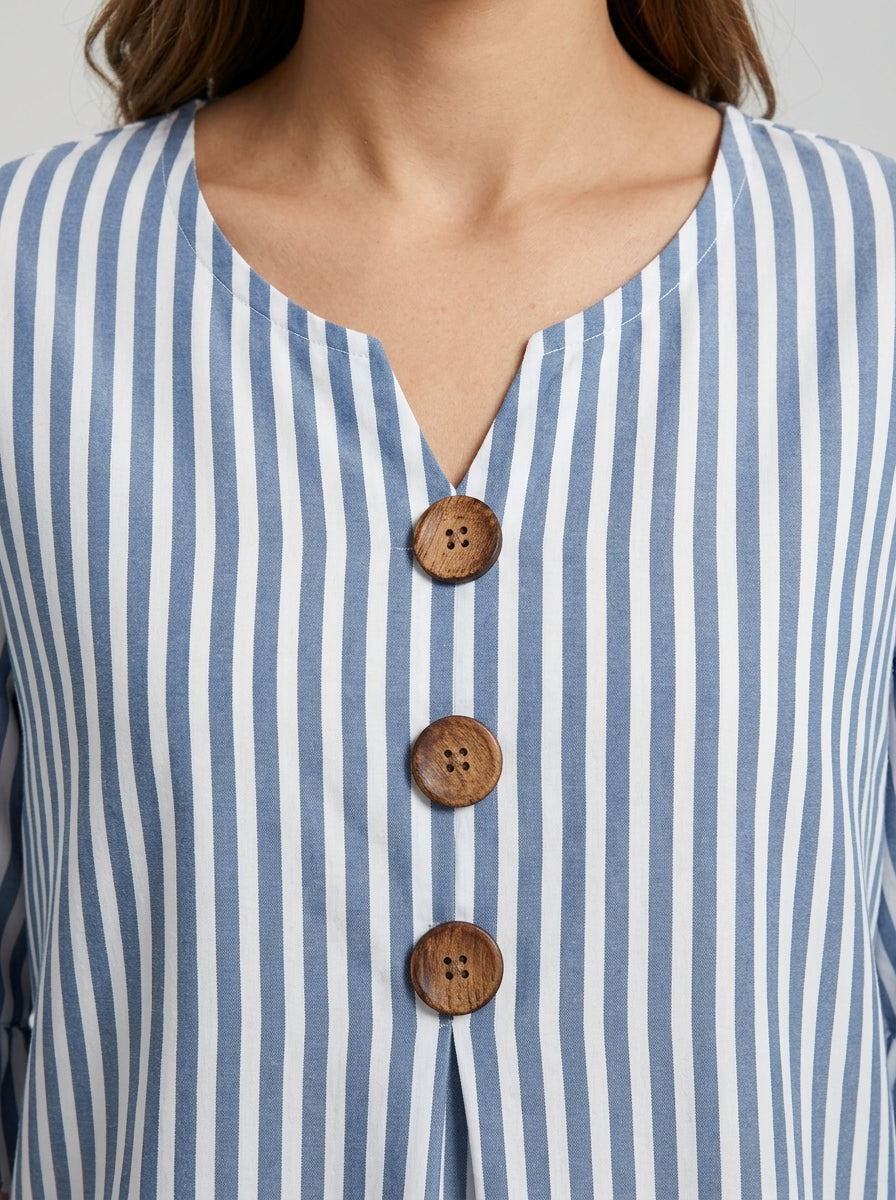Blue Striped Blouse - Wood Button Ruffle Sleeve V-Neck Casual Top