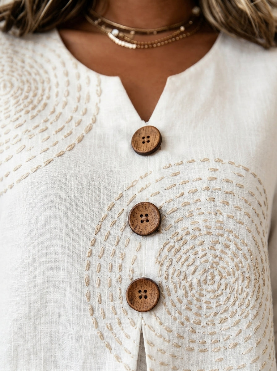 White Circle Print Wood Button Blouse - Ruffle Sleeve V-Neck Top